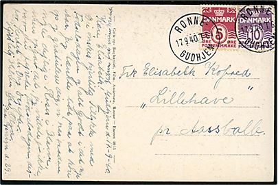 5 øre og 10 øre Bølgelinie på brevkort fra Gudhjem annulleret med bureaustempel Rønne - Gudhjem T.64 d. 17.9.1940 til Aarsballe.