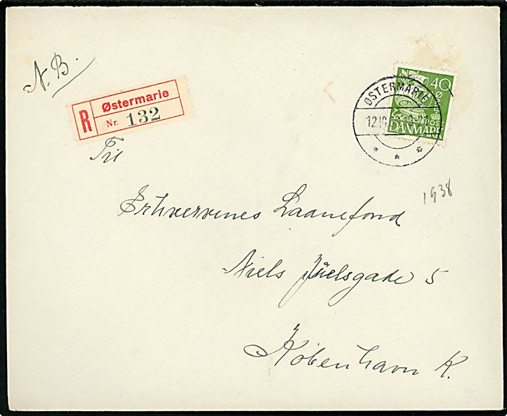 40 øre Karavel på anbefalet brev annulleret brotype IIc Østermarie d. 12.10.1938 til København.
