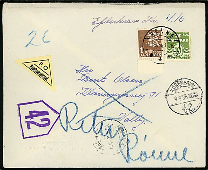 10 øre Bølgelinie og 1 kr. Rigsvåben på brev med postopkrævning fra Rønne d. 24.8.1956 til København. Retur som ikke afhentet med flere stempler.