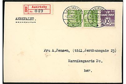 10 øre Bølgelinie og 15 øre Karavel i parstykke på anbefalet lokalbrev annulleret med brotype IIc Aakirkeby d. 2.12.1942.