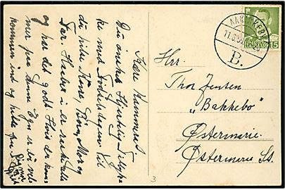 15 øre Fr. IX på brevkort annulleret med brotype Vc Aakirkeby B. d. 11.6.1950 til Østermarie.