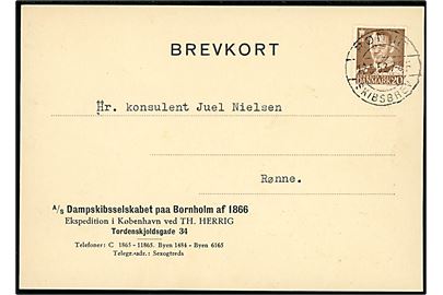 20 øre Fr. IX på brevkort fra A/S Dampskibsselskabet paa Bornholm af 1866 annulleret brotype IIb Rønne Skibsbrev d. 12.5.1953 til Rønne. På bagsiden beskæftigelse af reservation af køje på færgen Kongedybet.