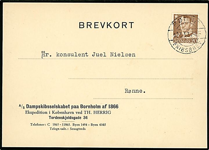 20 øre Fr. IX på brevkort fra A/S Dampskibsselskabet paa Bornholm af 1866 annulleret brotype IIb Rønne Skibsbrev d. 12.5.1953 til Rønne. På bagsiden beskæftigelse af reservation af køje på færgen Kongedybet.