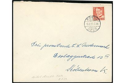 30 øre Fr. IX på brev fra Neksø annulleret med bureaustempel Rønne - Nexø T.14 d. 6.8.1959 til København. Stempel anvendt ca. 3 uger senere end registreret af Bendix og Vagn Jensen.