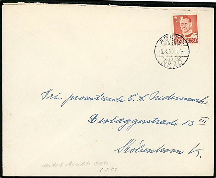 30 øre Fr. IX på brev fra Neksø annulleret med bureaustempel Rønne - Nexø T.14 d. 6.8.1959 til København. Stempel anvendt ca. 3 uger senere end registreret af Bendix og Vagn Jensen.