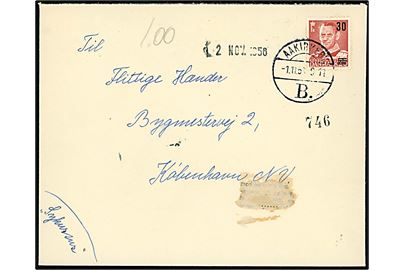 30/25 øre Provisorium på brev annulleret med brotype Vc Aakirkeby B. d. 1.11.1956 til København.