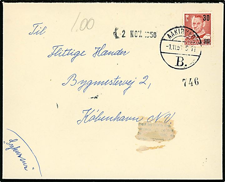 30/25 øre Provisorium på brev annulleret med brotype Vc Aakirkeby B. d. 1.11.1956 til København.
