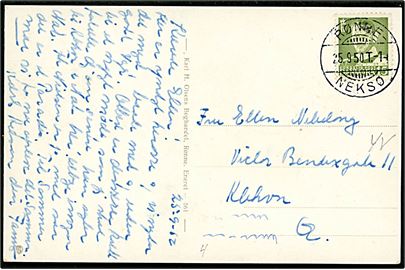 15 øre Fr. IX på brevkort (Hovedgaden i Gudhjem) annulleret med bureaustempel Rønne - Neksø T.14 d. 25.9.1950 til København. 