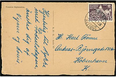 15 øre Frimærkejubilæum på brevkort annulleret med bureaustempel Rønne - Allinge T.26 d. 24.4.1952 til København.