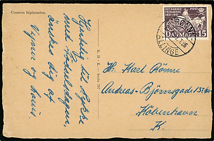 15 øre Frimærkejubilæum på brevkort annulleret med bureaustempel Rønne - Allinge T.26 d. 24.4.1952 til København.