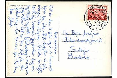 50 øre Assistenshuset på brevkort (Luftfoto af Juelsø lejren 1967) annulleret med spejder særstempel Ry * F.D.F. Juelsølejren * d. 12.7.1967 til Gudhjem, Bornholm.