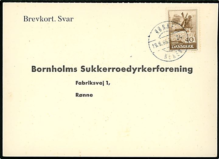 40 øre Bogø Mølle på svarbrevkort fra Bodilsker annulleret med bureaustempel Rønne - Neksø T.24 d. 19.9.1966 til Rønne.