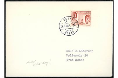 60+10 øre Grønlandssagen på brev annulleret med bureaustempel Rønne - Neksø T.26 d. 27.9.1968 til Rønne.