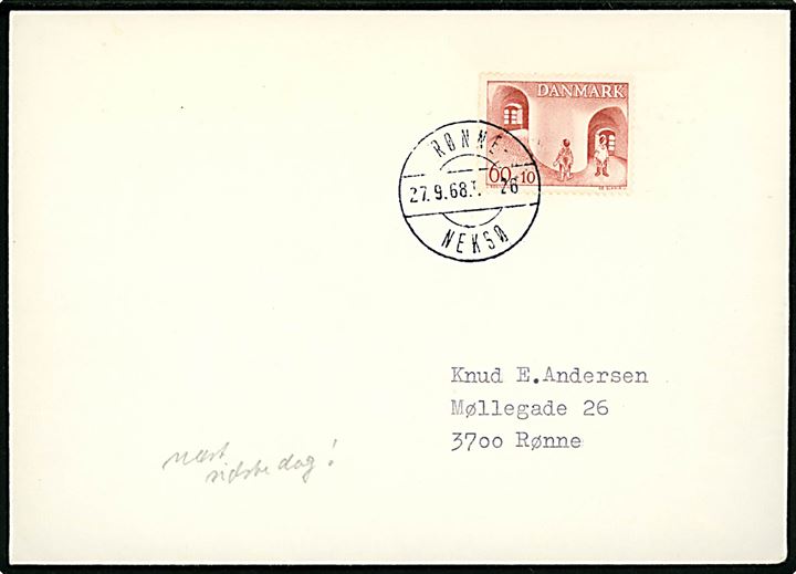60+10 øre Grønlandssagen på brev annulleret med bureaustempel Rønne - Neksø T.26 d. 27.9.1968 til Rønne.