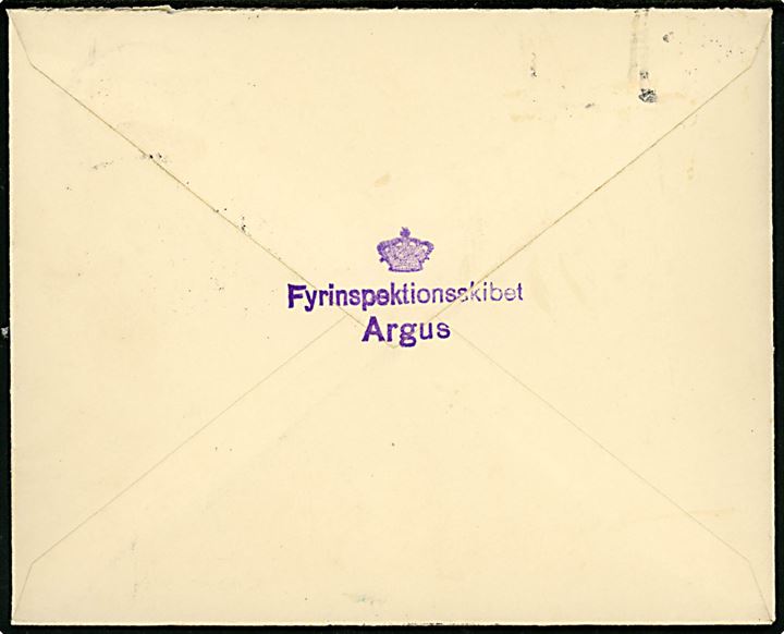 Ufrankeret brev fra Korsør d. 30.3.1938 til Hellerup. Udtakseret i porto med 15 øre Portomærke i parstykke annulleret Hellerup 1. OMB. d. 30.3.1938. På bagsiden afs.-stempel: (krone) Fyrinspektionsskibet Argus. 
