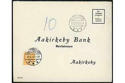 Ufrankeret svarkuvert fra Pedersker d. 18.3.1939 til Aakirkeby Bank udtakseret i enkeltporto med 10 øre Portomærke annulleret Aakirkeby d. 20.3.1939.
