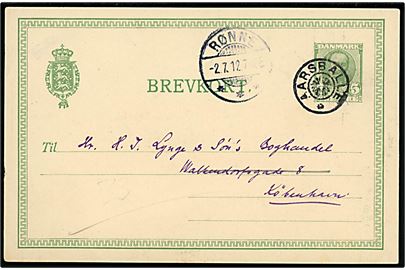 5 øre Fr. VIII helsagsbrevkort annulleret med stjernestempel AARSBALLE og sidestemplet Rønne d. 2.7.1912 til København.