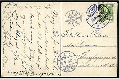 5 øre Fr. VIII på brevkort annulleret Aakirkeby d. 21.12.1907 via Nexø d. 21.12.1907 til Ibsker. Transit stemplet med stjernestempel AARSDALE (Type I).