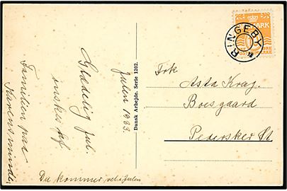 10 øre Bølgelinie på julekort fra 1933 annulleret med udslebet stjernestempel RINGEBY til Pedersker St.