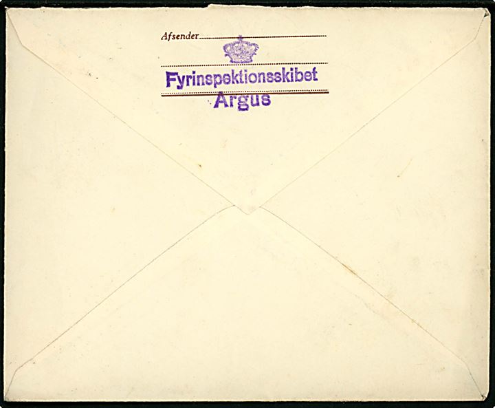 10 øre helsagskuvert (fabr. 54) opfrankeret med 5 øre Bølgelinie (3) sendt som søndagsbrev fra Frederikshavn d. 18.6.1938 til Charlottenlund. På bagsiden afs.-stempel: (krone) Fyrinspektionsskibet Argus.