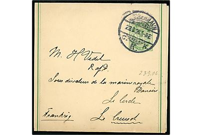 5 øre Våben helsagskorsbånd sendt som tryksag fra Kjøbenhavn d. 23.9.1906 til Underdirektør i Marinen H. Vedel, Ridder af Dannebrog, i Frankrig.