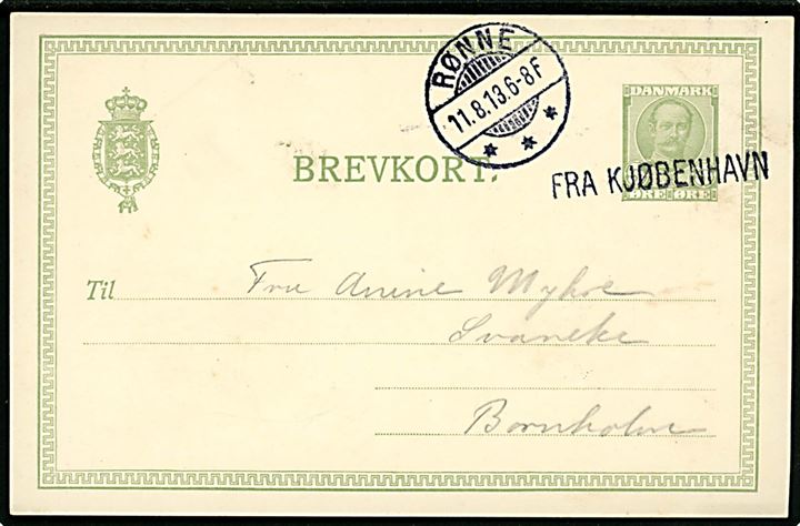 5 øre Fr. VIII helsagsbrevkort med vandmærke annulleret med skibsstempel Fra Kjøbenhavn og sidestemplet Rønne d. 11.8.1913 til Svaneke, Bornholm.