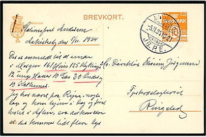 10 øre helsagsbrevkort (fabr. 112) annulleret med brotype Ic Aakirkeby JB.P.E. d. 5.11.1934 til Ringsted.