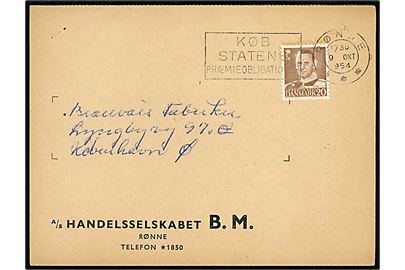 20 øre Fr. VIII på brevkort annulleret med TMS Køb Statens Præmieobligationer/Rønne *** d. 9.10.1954 til København.