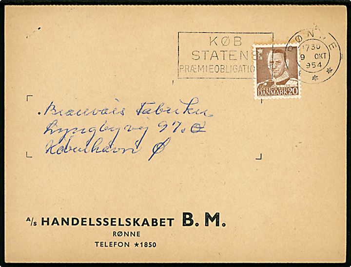 20 øre Fr. VIII på brevkort annulleret med TMS Køb Statens Præmieobligationer/Rønne *** d. 9.10.1954 til København.
