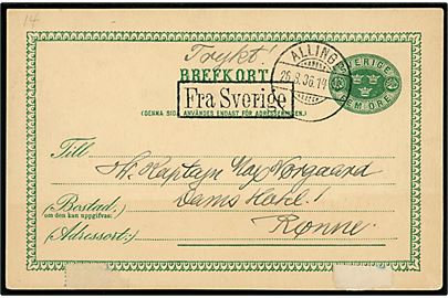 Svensk 5 öre helsagsbrevkort sendt som tryksag og annulleret med skibsstempel Fra Sverige og sidestemplet brotype Ic Allinge d. 26.8.1936 til Rønne. Filatelistisk kort fra ruten Simrishamn-Allinge. 