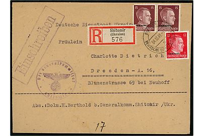 Tysk post i Ukraine. 12 pfg. og 15 pfg. Hitler Ukraine provisorium på anbefalet brev annulleret Shitomir Deutsche Dienstpost Ukraine d. 4.10.1943 til Dresden, Tyskland.