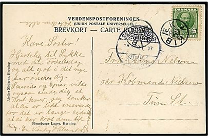 5 øre Fr. VIII på brevkort (Herning, Vestre Anlæg) annulleret med stjernestempel KIBÆK og sidestemplet bureau Skanderborg - Skjern T. 93 d. 24.?.1908 til Tim St.