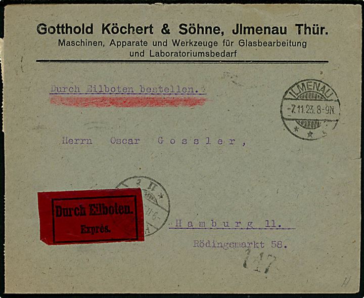 100.000.000 mk. infla udg. (30) på bagsiden af ekspresbrev fra Ilmenau d. 7.11.1923 til Hamburg. Korrekt porto 1 mia. mk. landsporto + 2 mia. mk. ekspres = 3.000.000.000.000 mk. (5.-12.11.1923)