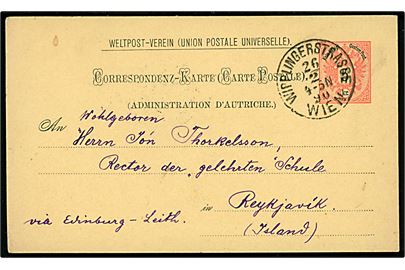 5 kr. Våben helsagsbrevkort fra Wipplingerstrasse Wien d. 26.2.1890 påskrevet Via Edinburg-Leith til Reykjavik, Island. På bagsiden ank.stemplet lapidar Reykjavik d. 19.3.1890.