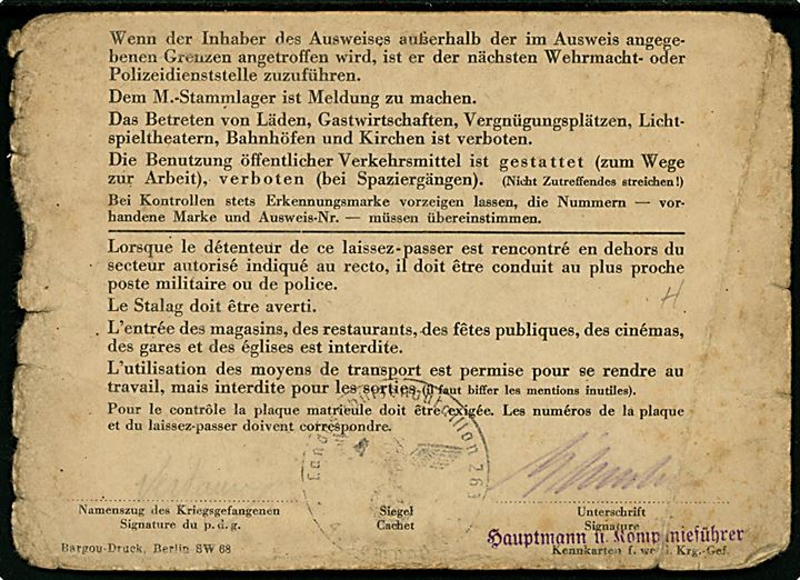 Ausweis für arbeitende franz. und belg. Kr.-Gef. udstedt i Neubukow d. 6.7.1943.