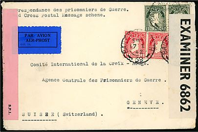 1 pi. (2) og 2 pi. (3) på luftpostbrev mærket Correspondance des prisonniers de Guerre (Krigsfangepost) fra Dublin d. 17.1.1942 til International Røde Kors i Geneve, Schweiz. Åbnet af både irsk og britisk censur. 