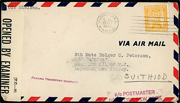 1 sh. single på luftpostbrev fra Auckland d. 13.7.193 til dansk sømand ombord på det amerikanske tankskib M/S Svithiod. Åbnet af lokal censur på New Zealand og senere kontrolleret af United States Customs. 