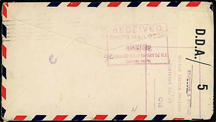1 sh. single på luftpostbrev fra Auckland d. 13.7.193 til dansk sømand ombord på det amerikanske tankskib M/S Svithiod. Åbnet af lokal censur på New Zealand og senere kontrolleret af United States Customs. 