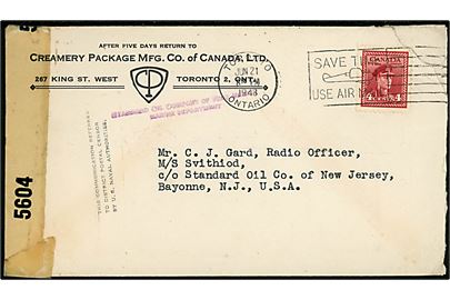 4 cents George VI på brev fra Toronto d. 21.6.1943 til canadisk Radio Officer på tankskibet M/S Svithoid i USA. Åbnet af amerikansk censur med 3-liniestempel: This communication referred to District Postal Censor by U. S. Naval Authorities.