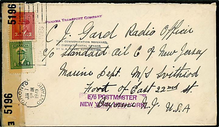1 cent og 3 cents George VI på brev fra Toronto d. 7.6.1943 til canadisk Radio Officer på tankskibet M/S Svithoid i USA. Åbnet af amerikansk censur med 3-liniestempel: This communication referred to District Postal Censor by U. S. Naval Authorities.