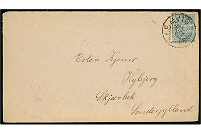 20 øre Våben på brev annulleret med lapidar Lemvig d. 25.3.1889 via Ribe til Scherrebek i Nordslesvig.