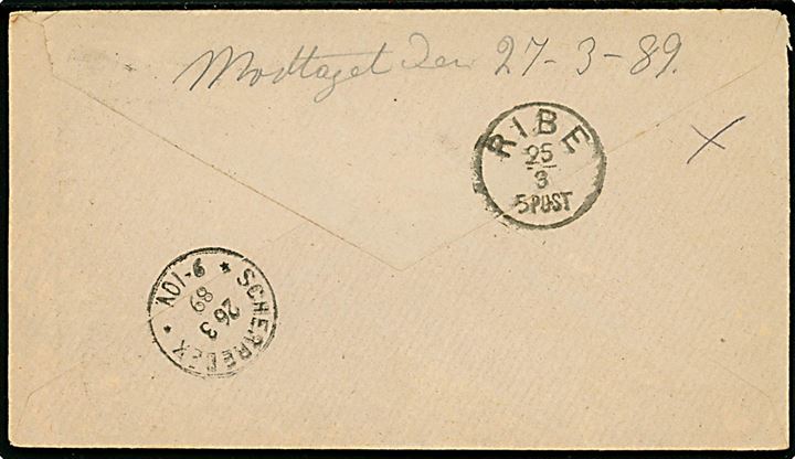 20 øre Våben på brev annulleret med lapidar Lemvig d. 25.3.1889 via Ribe til Scherrebek i Nordslesvig.