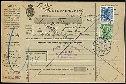 5 øre og 20 øre Chr. X på retur Postopkrævning fra Kjøbenhavn d. 26.11.1917 til Borris.