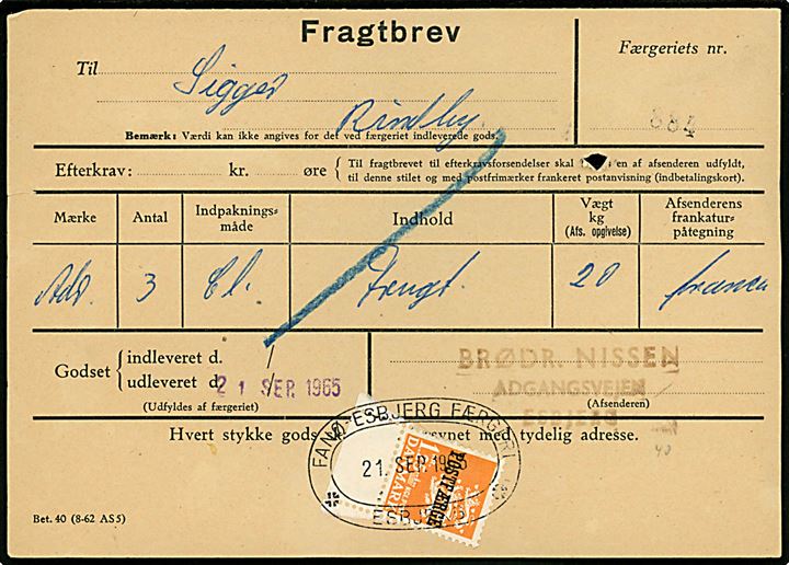 1,25 kr. Rigsvåben Postfærgemærke single på fragtbrev fra Esbjerg d. 21.9.1965 til Rindby, Fanø.