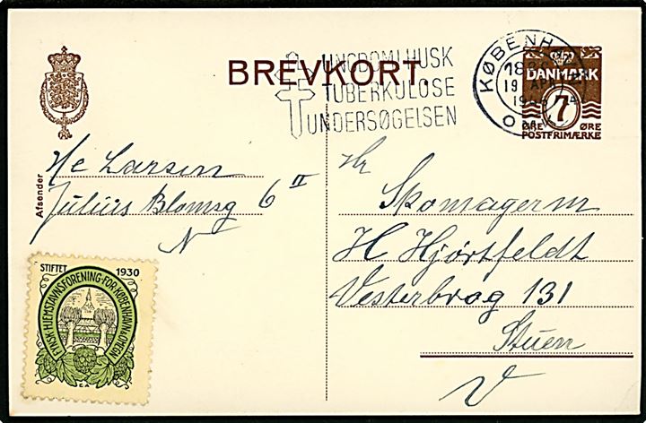 7 øre helsagsbrevkort med mærkat Fynsk Hjemstavnsforening for København & Omegn sendt lokalt i København d. 19.9.1946.