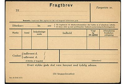 Postfærge Fragtbrev - formular Bet. 40 (8-62 AS5). Ubrugt med vedhængende kupon