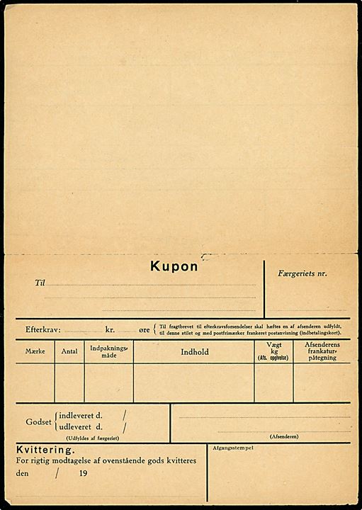 Postfærge Fragtbrev - formular Bet. 40 (8-62 AS5). Ubrugt med vedhængende kupon