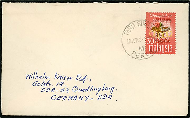 30 c. Mexico Olympiade 1968 udg. på brev fra Parit Buntar Perak d. 18.10.1968 til Quedlingburg, DDR.
