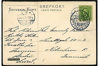 5 öre Oscar II på brevkort annulleret med særstempel Lund Utställningen d. 1.9.1907 til København, Danmark.