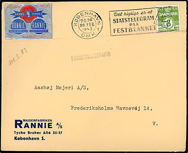 8 øre Bølgelinie på firmakuvert og mærkat fra Maskinfabrikken Rannie A/S sendt som lokal forretningspapirer i København d. 26.2.1943. Bagklap mgl. 